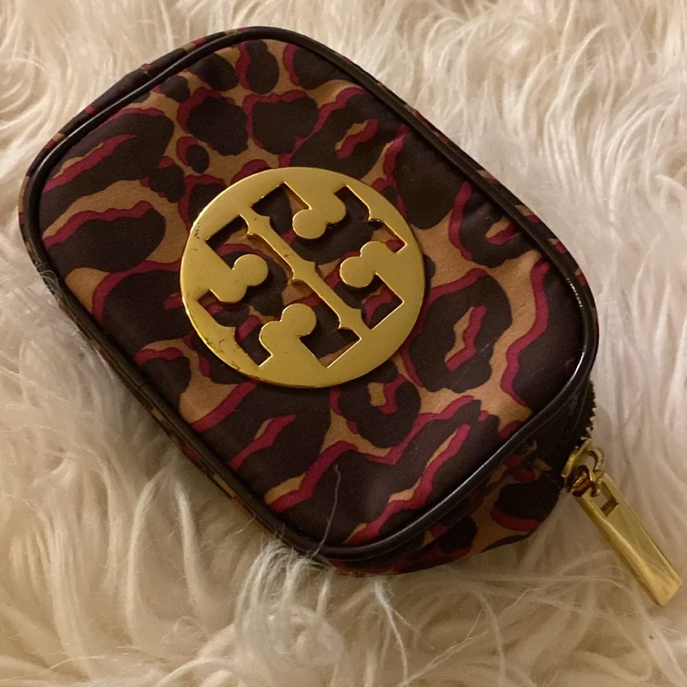 Tory Burch Brown Leopard Print Cosmetic Case with Gold Logo